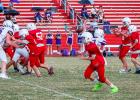The OJH Cub White team quarterback #6 Brennan Horner takes the snap as the Cub offense holds up the Plowboys’ defense like a brick wall. Horner had plenty of time all night thanks to the great offensive line. Photo by Will Sadler