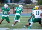 NHS Bobcat #12 Hunter Hill QB on the hunt (pardon the pun) for his pigskin missile downfield, which connects with #56 Cooper Clayton C/NG for a touchdown reception.