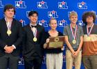 The Olney High School Computer Science Team poses with their first-place trophy and medals. The team consisted of OHS Salutatorian Caleb Johnson, Valedictorial Aidyn Bitner, coach Sabrina Laurent, Jaxx Laurent and Nate Elmore. See more UIL photos on Page 