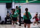 (TOP LEFT): NHS Ladycat #8 Kenzie King sends a volley over the net to Lady Maverick defenders, securing a point for the Ladycats. Photo by Will Sadler