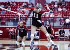 Lady Cub #11 Kynlee Lauderdale sends a blistering kill shot towards Lady Indian defenders. Photo by Will Sadler