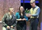 Jessie Berrier, Karyna Balch and Jack Page holding Audrey 2 during a recent dress rehearsal for Graham Regional Theatre’s summer musical, “Little Shop of Horrors.” Photo courtesy of GRT