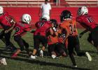 Peewee Cub #7 Tucker Harrison blocks a Vernon Lion defender. Photo by Will Sadler