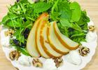 Mint-arugula salad with goat cheese and poached pears